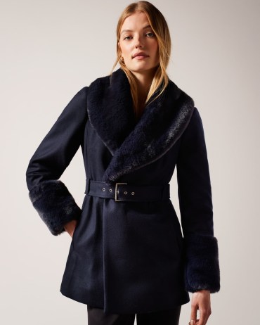 TED BAKER Loleta Belted Coat With Faux Fur Collar and Cuffs in Navy / dark blue fake fur trimmed coats - flipped