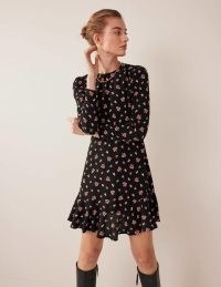 Boden Long Sleeve Flippy Mini Dress in Black, Dotty Daisy / floral print fluted hem dresses