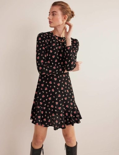Boden Long Sleeve Flippy Mini Dress in Black, Dotty Daisy / floral print fluted hem dresses - flipped