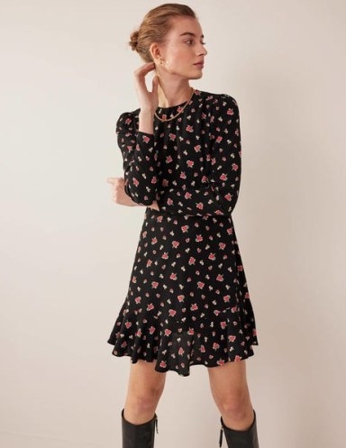 Boden Long Sleeve Flippy Mini Dress in Black, Dotty Daisy / floral print fluted hem dresses