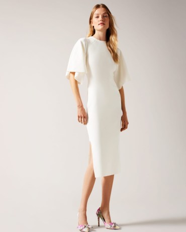 Ted Baker Lounia Fluted Sleeve Knitted Bodycon Midi Dress in White | luxe wide angel sleeve dresses | knitwear evening fashion | chic occasion clothes - flipped