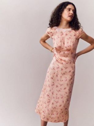 Reformation Lucas Silk Dress in Myrna / luxe silky vintage style floral print dresses / ruched bust / empire waist / feminine retro cap sleeve frock - flipped