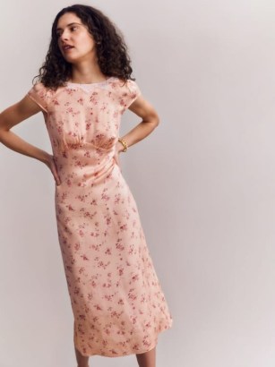 Reformation Lucas Silk Dress in Myrna / luxe silky vintage style floral print dresses / ruched bust / empire waist / feminine retro cap sleeve frock