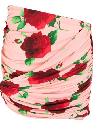 Magda Butrym Pink Floral Print Mini Skirt – asymmetric drape detail rose print skirts – ruched fashion - flipped