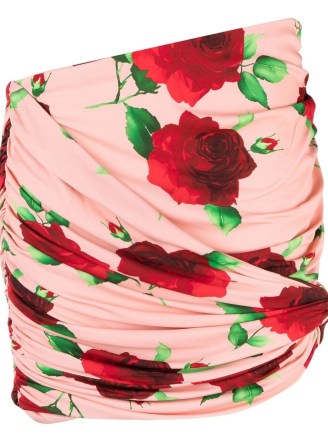 Magda Butrym Pink Floral Print Mini Skirt – asymmetric drape detail rose print skirts – ruched fashion