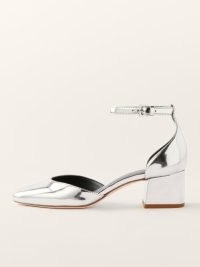 Reformation Mallori Closed Toe Heel in Mirrored Metallic ~ silver block heels ~ luxe vintage style ankle strap shoes