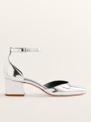 Reformation Mallori Closed Toe Heel in Mirrored Metallic ~ silver block heels ~ luxe vintage style ankle strap shoes - flipped