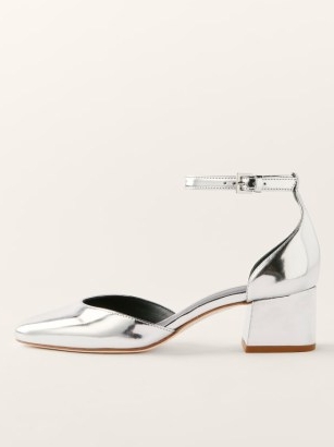 Reformation Mallori Closed Toe Heel in Mirrored Metallic ~ silver block heels ~ luxe vintage style ankle strap shoes