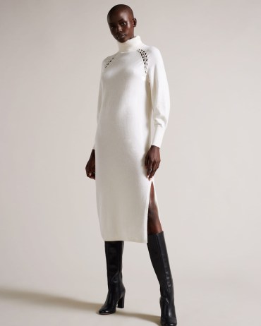 Ted Baker Malorri Knit Midi Dress With Stitch Insert in White | long sleeve high roll neck dresses | womens knitted clothes | split hem | women’s knitwear fashion