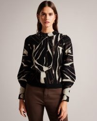 Ted Baker Marelia Abstract Jumper With Puff Sleeve in Black | women’s patterned puffed sleeved jumpers | womens knitwear