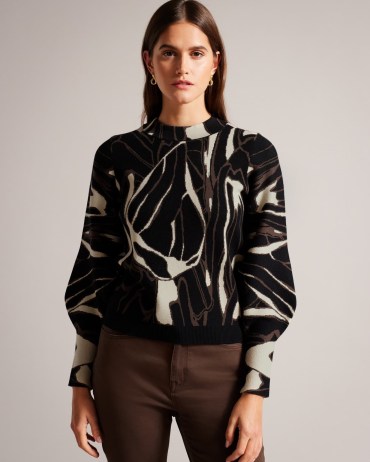 Ted Baker Marelia Abstract Jumper With Puff Sleeve in Black | women’s patterned puffed sleeved jumpers | womens knitwear