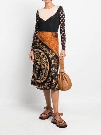 Marine Serre regenerated jewellery-print silk skirt in burnt orange – printed silk skirts – silky fashion - flipped