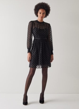 L.K. BENNETT Marrie Black Velvet Spot Dress / sheer overlay occasion dresses / womens polka dot occasionwear - flipped