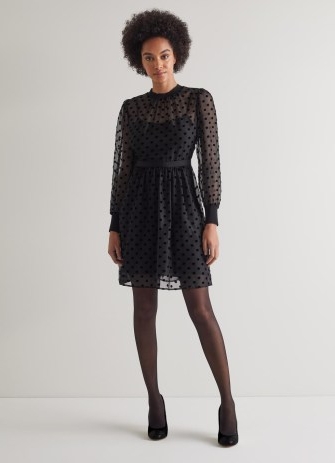 L.K. BENNETT Marrie Black Velvet Spot Dress / sheer overlay occasion dresses / womens polka dot occasionwear