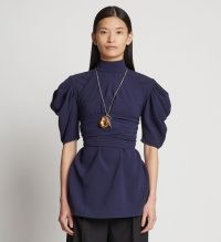 Proenza Schouler Matte Viscose Crepe Belted Top in Navy | dark blue puff sleeve high neck tops | fitted waist with wrap around self ties | short puffed sleeves