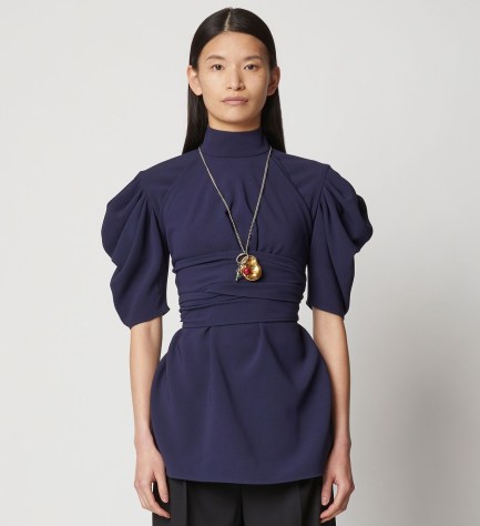 Proenza Schouler Matte Viscose Crepe Belted Top in Navy | dark blue puff sleeve high neck tops | fitted waist with wrap around self ties | short puffed sleeves - flipped