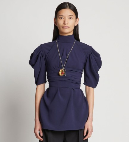 Proenza Schouler Matte Viscose Crepe Belted Top in Navy | dark blue puff sleeve high neck tops | fitted waist with wrap around self ties | short puffed sleeves