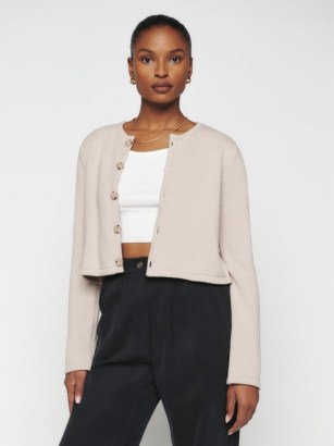 Reformation Maxime Cotton Cardigan in Oatmeal ~ women’s cropped cardigans ~ chic minimalist knitwear - flipped