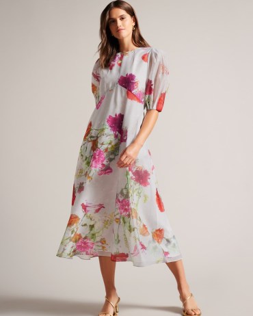 TED BAKER Mekayla Empire Line Midi Dress With Puff Sleeve in White ~ feminine floral print puff sleeve party dresses ~ floaty romance inspired occasion clothes