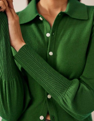 Boden Merino Detail Cuff Shirt in Broad Bean Green ~ womens collared front button up tops ~ puff shoulder detail ~ women’s knitted shirts - flipped