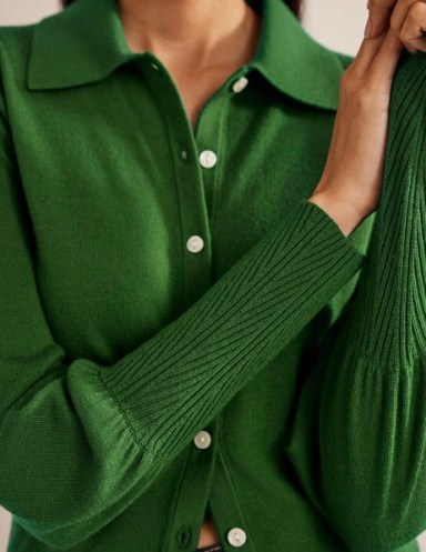 Boden Merino Detail Cuff Shirt in Broad Bean Green ~ womens collared front button up tops ~ puff shoulder detail ~ women’s knitted shirts