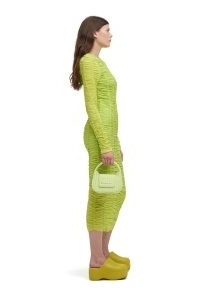 SIMON MILLER MESH TATI DRESS in Lime – long sleeve gathered mesh detail midi dresses – crewneck – yellow green ruched fashion