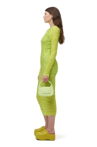 SIMON MILLER MESH TATI DRESS in Lime – long sleeve gathered mesh detail midi dresses – crewneck – yellow green ruched fashion - flipped