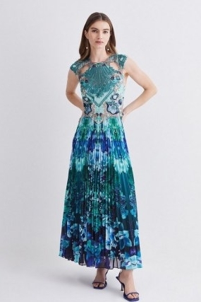 KAREN MILLEN Metallic Guipure Lace Mirrored Pleat Midi Dress in Teal ~ blue green floral print pleated skirt dresses ~ cut out occasion clothes - flipped