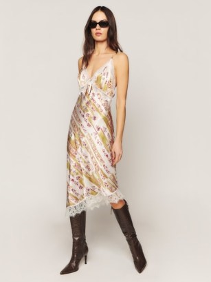 Reformation Milania Silk Dress in Manor / silky printed lace trim slip dresses / asymmetric hem / cami shoulder strap dresses - flipped