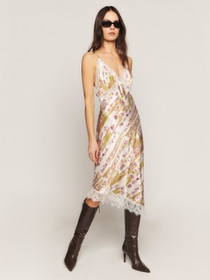 Reformation Milania Silk Dress in Manor / silky printed lace trim slip dresses / asymmetric hem / cami shoulder strap dresses