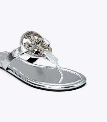 Tory Burch MILLER PAVÉ SANDAL in Silver | embellished thonged flats | luxe evening sandals - flipped