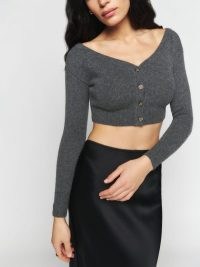 Reformation Millie Cashmere Off The Shoulder Cardigan in Charcoal ~ womens cropped cardigans ~ dark grey crop hem cardi