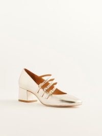 Reformation Mimi Buckle Pump in Gold – metallic multi strap Mary Jane shoes – asymmetric straps – block heel Mary Janes