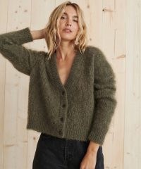 JENNI KAYNE Mohair Boyfriend Cardigan in Olive ~ luxe knitwear ~ fluffy green V-neck cardigans