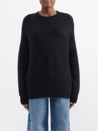RAEY Crew neck wool and cashmere-blend ribbed jumper in navy | womens slouchy dark blue jumpers