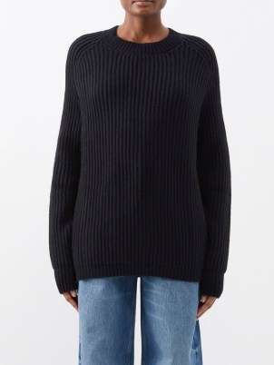 RAEY Crew neck wool and cashmere-blend ribbed jumper in navy | womens slouchy dark blue jumpers - flipped