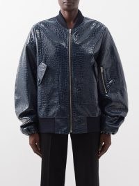 THE FRANKIE SHOP Hane croc-effect faux-leather bomber jacket in Navy | womens dark blue zip up jackets | fake crocodile fashion