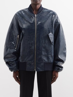 THE FRANKIE SHOP Hane croc-effect faux-leather bomber jacket in Navy | womens dark blue zip up jackets | fake crocodile fashion - flipped