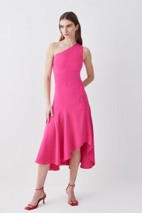 KAREN MILLEN One Shoulder Soft Tailored High Low Midi Dress in Pink ~ asymmetric tiered hem party dresses ~ high low hemline occasion clothes