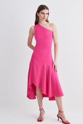 KAREN MILLEN One Shoulder Soft Tailored High Low Midi Dress in Pink ~ asymmetric tiered hem party dresses ~ high low hemline occasion clothes - flipped