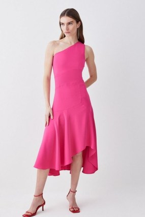 KAREN MILLEN One Shoulder Soft Tailored High Low Midi Dress in Pink ~ asymmetric tiered hem party dresses ~ high low hemline occasion clothes