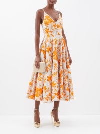 ERDEM Eloise floral-embroidered linen midi dress in orange / strappy plunge front fit and flare dresses / skinny strap occasion fashiopn / romance insipred event clothes / spring occasions 2023
