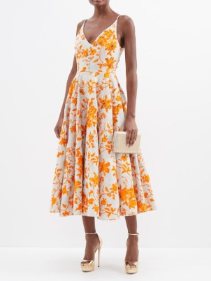 ERDEM Eloise floral-embroidered linen midi dress in orange / strappy plunge front fit and flare dresses / skinny strap occasion fashiopn / romance insipred event clothes / spring occasions 2023 - flipped