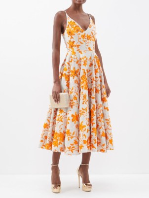 ERDEM Eloise floral-embroidered linen midi dress in orange / strappy plunge front fit and flare dresses / skinny strap occasion fashiopn / romance insipred event clothes / spring occasions 2023