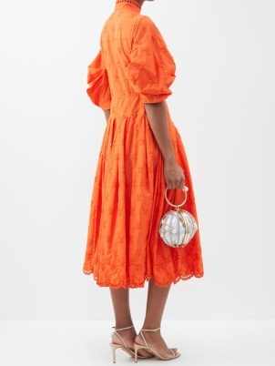 ERDEM Zelda broderie-anglaise poplin midi dress in orange – bright puff sleeved scalloped hem dresses - flipped
