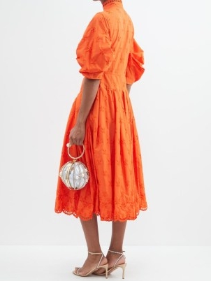 ERDEM Zelda broderie-anglaise poplin midi dress in orange – bright puff sleeved scalloped hem dresses