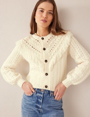 Boden Oversized Fringed Cardigan in Ivory | womens fringe trim cardigans | chic bobo style knitwear - flipped