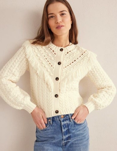 Boden Oversized Fringed Cardigan in Ivory | womens fringe trim cardigans | chic bobo style knitwear