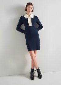 L.K. BENNETT Paris Navy Knit and Cream Silk Dress / chic dark blue and cream ruffled collar dresses / knitwear fashion