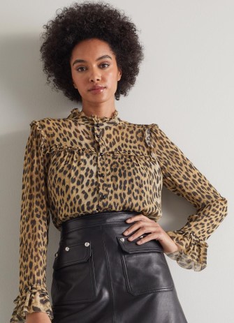 L.K. BENNETT Peggy Animal Print Ruffle Collar Blouse – ruffled leopard blouses - flipped